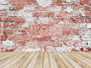 Room interior with red brick wall and wood floor background.