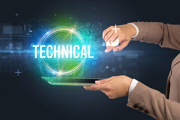 Close-up of a touchscreen with TECHNICAL inscription, new technology concept