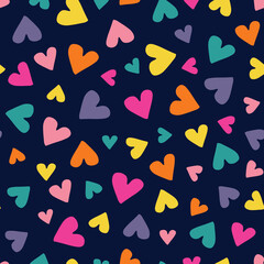 Valentine's Day Holiday Simple Hand-Drawn Colorful Ditsy Hearts on Dark Background Vector Seamless Pattern. Retro Rainbow Whimsical Print for Fashion, Packaging, Wrapping Paper