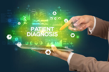 Close-up of a touchscreen with PATIENT DIAGNOSIS inscription, medical concept