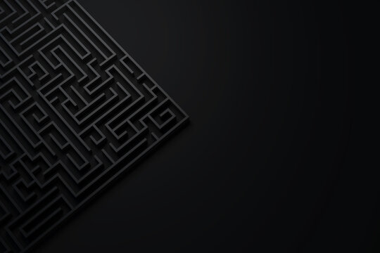 Dark maze top view. Elegant geometric pattern background. Business concept of find right way. 3d render. 3d illustration.
