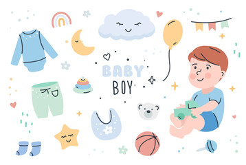 Baby boy with toys and clothes set.