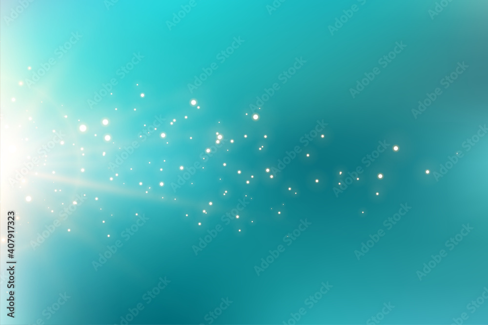 Poster turquoise background with sparkling light flare effect