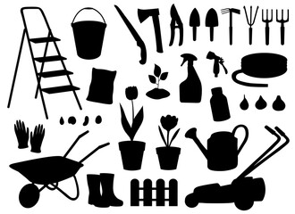 Fototapeta premium Set gardening elements silhouettes vector illustration. Garden tools.