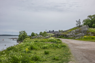 Beautiful landscape at Suomenlinna fortress. Suomenlinna (Sveaborg) - sea fortress, which built gradually from 1748 onwards on a group of islands belonging to Helsinki district. Helsinki, Finland.