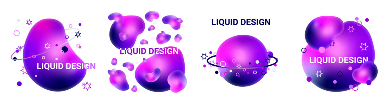 Set of 4 abstract liquid drops shapes, cosmic purple and pink gradient backgrounds. Vector illustration