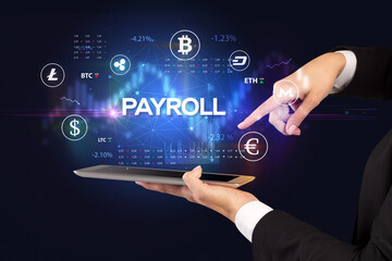 Obraz premium Close-up of a touchscreen with PAYROLL inscription, business opportunity concept