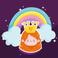 princess tale cartoon sticker face girl with crown and rainbow