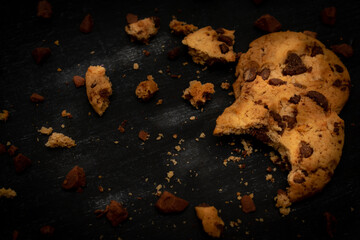 Galletas caseras de vainilla y avena con chispas de chocolate en un fondo negro. Dark food