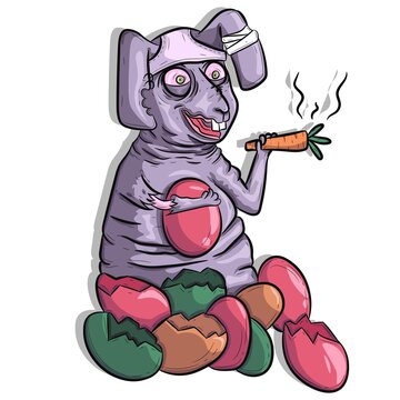 Fat Easter bunny sitting, smoking a carrot and drinking eggs. Funny stoned rabbit conceptual art. 