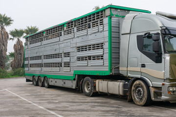 Cage truck for transporting livestock.