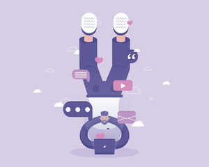 A man works at home online in his computer. Vector illustration with Web communication idea for telework, remote working and freelancing concept
