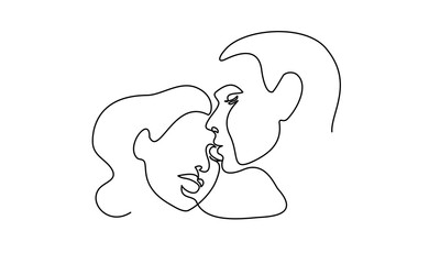 Portrait of couple man and woman in love kissing. Continuous One Line