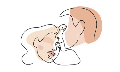 Portrait of couple man and woman in love kissing. Continuous One Line