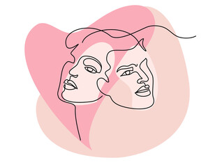 Portrait of couple man and woman in love kissing. Continuous One Line