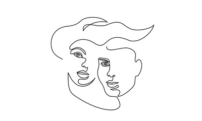 Portrait of couple man and woman in love kissing. Continuous One Line