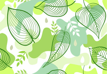 Fototapeta na wymiar Seamless pattern with organic shape blots in memphis style. Stylish floral painted wallpaper with leaves. Summer nature tile background