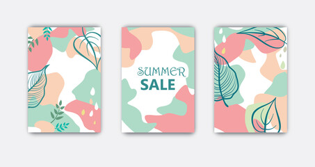 Set of abstract floral background designs for summer holiday with leaves. Advert card templates for summer sale, social, media promotion
