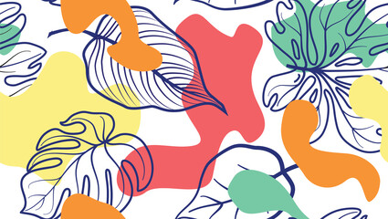 Abstract organic blots and leaves. Floral seamless pattern in trendy style. Stylish background with dots and flowing floral shapes.