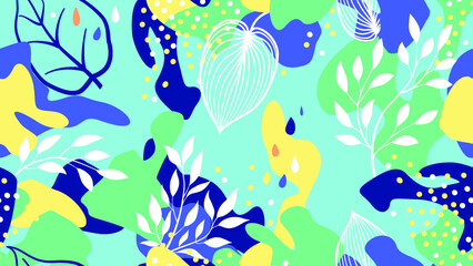 Fototapeta na wymiar Abstract blots, floral shapes and leaves seamless pattern in trendy design style. Stylish background with dots and flowing liquid shapes.