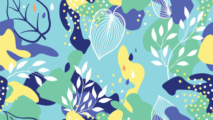 Abstract organic blots and leaves. Floral seamless pattern in trendy style. Stylish background with dots and flowing floral shapes.