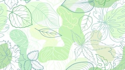 Floral seamless pattern with leaves with abstract organic shape blots over white background