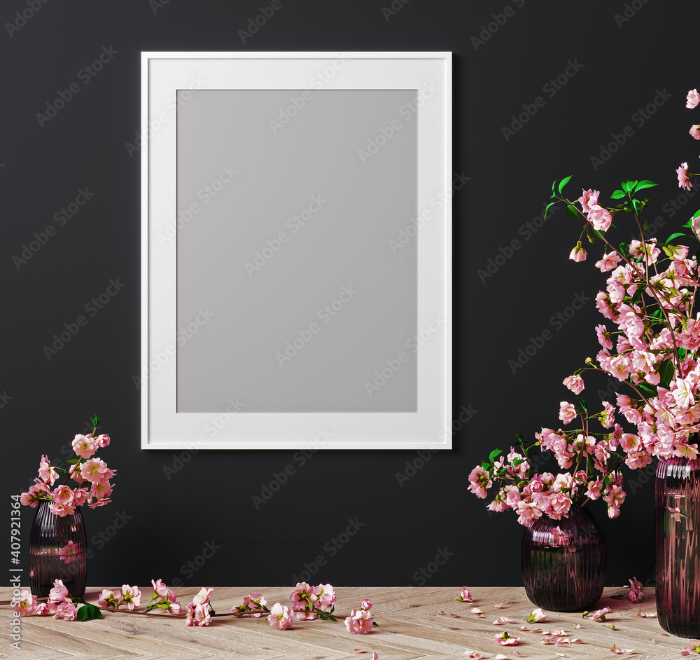 Wall mural white frame on black wall in bright interior with pink flowers, sakura on wooden floor, 3d rendering