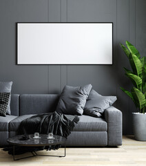 blank horizontal picture frame mock up in modern interior background with gray wall, couch and coffee table, luxury living room interior background, scandinavian style, 3d rendering