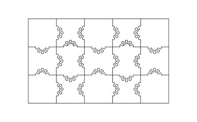 Set of 15 jigsaw puzzle pieces with virus element. Puzzle with different types of details and the ability to move each part. Black and white vector illustration isolated on white background.