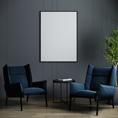 Picture mockup with black vertical frame on dark wall. Stylish dark interior with blue armchair, poster mockup. 3D rendering