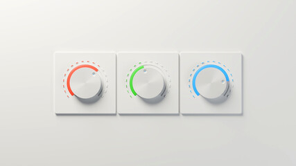 Three white knobs with red, green, and blue highlights on white background. RGB color mix, audio equipment concept. Digital 3D render.