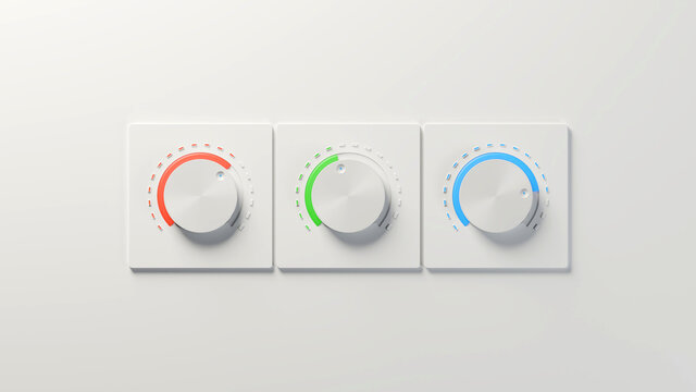 Three white knobs with red, green, and blue highlights on white background. RGB color mix, audio equipment concept. Digital 3D render.