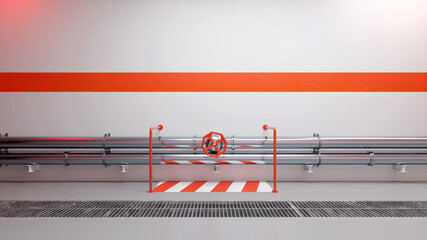 Red emergency shut-off valve on high pressure pipelines against  white wall. Clean, modern industrial environment. Digital render.