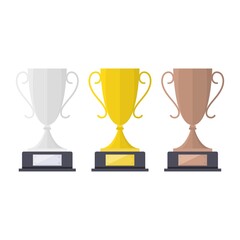 Set of gold, silver and bronze trophy cups. Winner, champion, leader symbol. Can also be used for education, academics and science. Suitable for use on web and mobile apps.