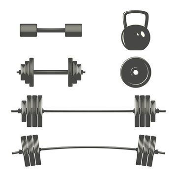 Monochrome set of dumbbels, barbells, weight lifting sports equipment. Bodybuilding, gym, crossfit, workout, fitness club emblems and elements.