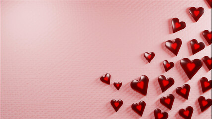 Valentine's day, anniversary concept background. Translucent shiny red hearts on soft pink surface. Digital render.