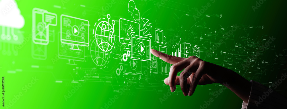 Poster Digital marketing with person hand using a smart computer on green background.