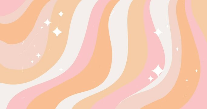 Retro boho background with waves in 1970s pastel earthy colours. Mid-century abstract trendy pattern with sparkling stars. Vintage looping animation.