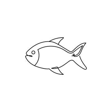 Continuous one line drawing a fish. Vector illustration perfect for greeting cards, party invitations, posters, stickers, clothing. Silhouette of a fish icon. Food concept