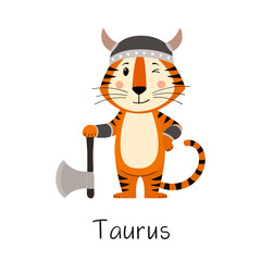 The zodiac sign Taurus. Cute tiger in a Viking costume. Concept of horoscope for 2022, year of tiger according to Chinese calendar. Vector stock flat hand-drawn illustration isolated on white