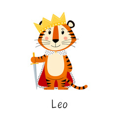 Zodiac sign leo. Cute tiger wearing a crown of royal robes. Concept of horoscope for 2022, year of tiger according to Chinese calendar. Vector stock flat hand-drawn illustration isolated on white