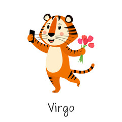 The zodiac sign Virgo. Cute tiger with flowers takes a selfie. Concept of horoscope for 2022, year of tiger according to Chinese calendar. Vector stock flat hand-drawn illustration isolated on white