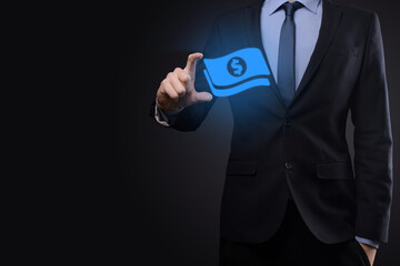 Businessman man holding money coin icon in his hands.Growing money concept for business investment and finance. USD or US dollar on dark tone background