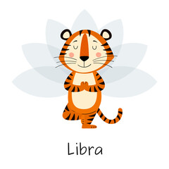 Fototapeta na wymiar Zodiac sign Libra. Cute tiger in a yoga pose. Concept of horoscope for 2022, year of tiger according to Chinese calendar. Vector stock flat hand-drawn illustration isolated on white background