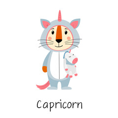The zodiac sign Capricorn. Cute tiger in kigurumi with unicorn. Concept of horoscope for 2022, year of tiger according to Chinese calendar. Vector stock flat hand-drawn illustration isolated on white