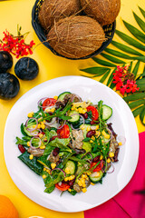 salad with meat and vegetables on a decorated table
