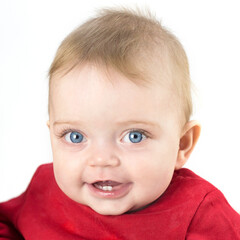 Six month old baby with big eyes and a beautiful smile on a white background.