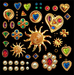 Vector Set Golden Brooches.  Sun, Heart Shapes . Vector Collections. Jewelry.