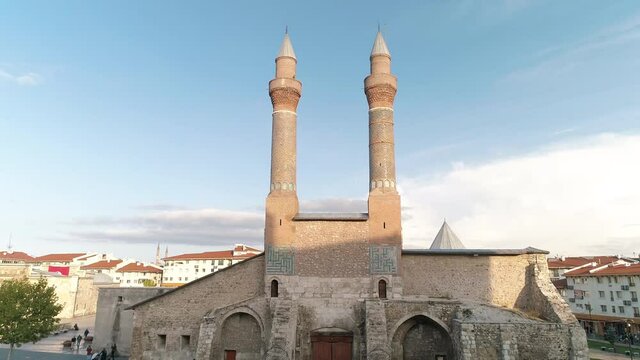 Aerial view of Sifaiye Madrasah in Sivas. 4K Footage in Turkey