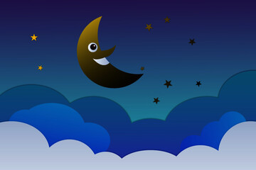 Fototapeta na wymiar Abstract moon smile and stars in midnight on fly To say good dreams to the children.